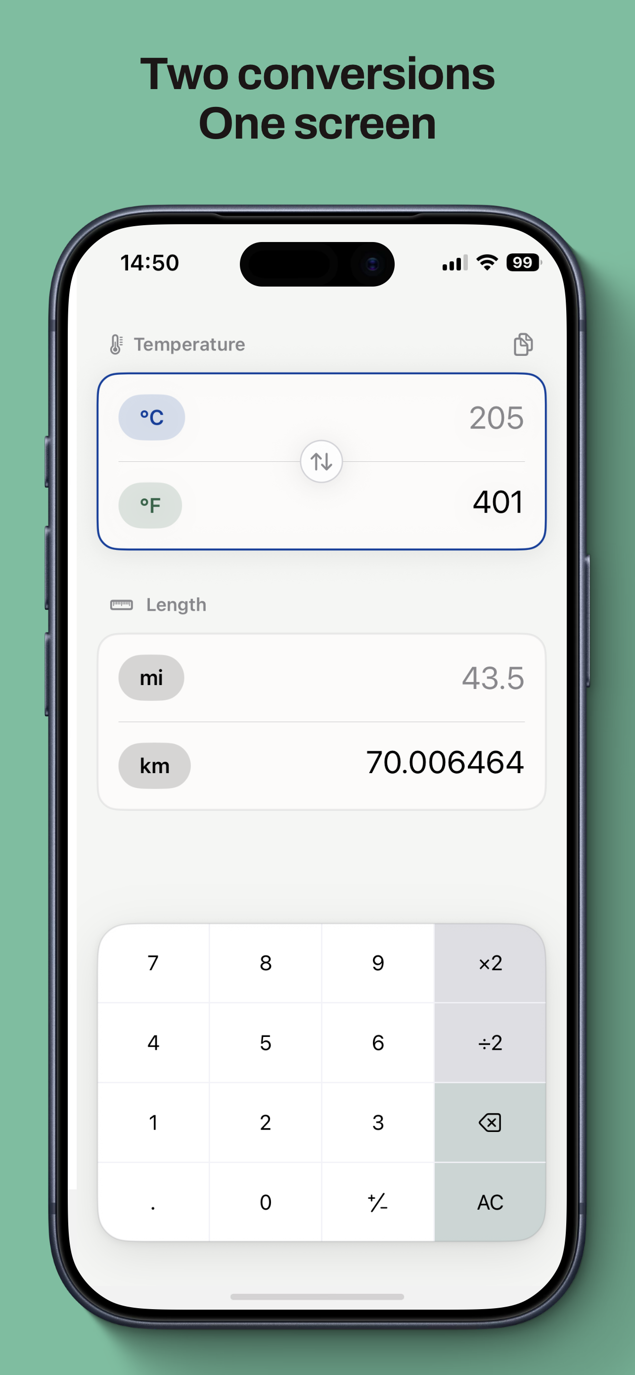 Equal unit converter showing two conversions on one screen